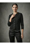 Women's Wool Black Sparkling Sequined Crew Neck Metal Button Knit Patterned Knitwear Cardigan - 4