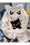 Cat Printed Gray Hooded Sweatshirt for Women
