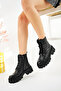 Black Genuine Leather Women's Thick Soled Boots Special Design with Elastic Back Zipper and Laces - 6