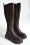 Brown Leather Women's Boots Elastic Below the Knee Zippered Non-Slip Sole Thick Soled Jessica - 3
