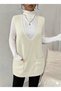 Women's Deep V-Neck Pocketed Knitwear Sweater Vest Sweater Smlxl Size Compatible Length 85 cm