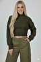 Women's Khaki Green Thick Hair Knit Half Turtleneck Sweater - 3