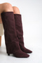 Burgundy Suede Women's Boots Mini Short Heeled Below Knee Non-Slip Sole Clara - 5