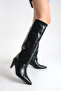 Black Shiny Leather Women's Boots Mini Short Heeled Below Knee Non-Slip Sole Clara - 2