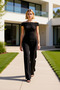 Women's Top and Bottom Carmen Collar Low-Sleeve Blouse and Wide-Leg Pants Set Offers Casual Chic and Sporty Style - 3