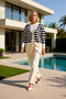 Stylish Button Detail Jacquard Striped Cardigan and Comfortable Straight-Leg Knitwear Pants Women's Bottom Top Bottom Top Set - 3
