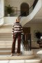 Women's Bottom Top Anthracite Striped Mock Neck Low Sleeve Oversized Knitwear Set Daily Comfort and Style Comfortable