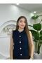 Women's Navy Blue Gold Buttoned Pocketed Knit Vest