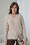 Women's V-Neck Beard Textured Fleece-Lined Oversized Knitwear Sweater 8695 - 3
