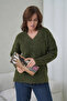 Women's V-Neck Beard Textured Fleece-Lined Oversized Knitwear Sweater 8695 - 5