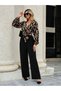Women's Long Sleeve Double-Breasted Collar Waist Belted Top Diver Bottom Imported Crepe Jumpsuit