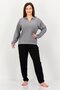 Women Spread Collar Stripe Long Sleeve Sleepwear Top, Dark Grey - 2