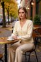 Women's Thessaloniki Textured V-Neck Low-Sleeve Relaxed Fit Comfortable Knitwear Cardigan Model Offering Everyday Elegance - 3