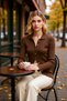 Women's Mercerized Textured Corded Fabric Polo Neck Buttoned Long Sleeve Slim Fit Stylish Casual Knitwear Blouse - 3