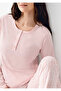 Women's Powder Buttoned Double Pocket 50% Cotton 50% Modal Pajama Set - Long Sleeve Open Leg - 2
