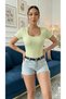 Women's U-Neck Ribbed Knit Fabric Short Sleeve T-Shirt - 2