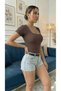 Women's U-Neck Ribbed Knit Fabric Short Sleeve T-Shirt - 3