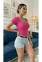 Women's U-Neck Ribbed Knit Fabric Short Sleeve T-Shirt - 4
