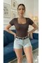 Women's U-Neck Ribbed Knit Fabric Short Sleeve T-Shirt - 2
