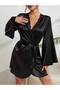 Women's satin short robe with ruffled sleeves and lace-detailed collar, simple and elegant - 4