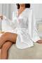 Women's satin short robe with ruffled sleeves and lace-detailed collar, simple and elegant - 3