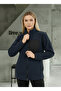 Navy Blue Women's Fleece Jacket with Front Piece Detail and 3 Pockets - 4