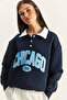 Women's Navy Blue Polo Collar Chicago Printed Three Thread Ribbed Sweatshirt 60601050 - 4