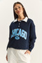 Women's Navy Blue Polo Collar Chicago Printed Three Thread Ribbed Sweatshirt 60601050 - 2