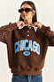Women's Bitter Brown Polo Collar Chicago Printed Three Thread Ribbed Sweatshirt 60601050