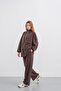 Brown Women's Waist Elastic Detailed Pocketed Zipper Closure Oversized Modal Bottom Top Set