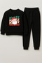 New Year 2026 Santa Claus Christmas Printed Crew Neck Black Children's Tracksuit Bottom Top Set