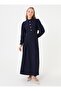 Gold Button Detailed Balloon Sleeve Belted Hijab Dress - Navy Blue - - 2