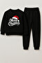New Year 2026 Santa Claus Christmas Printed Crew Neck Black Children's Tracksuit Bottom Top Set