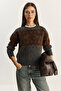 Women's Anthracite Brown Crew Neck Patterned Knitted Sweater 20251117 - 2