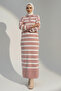Striped Knit Dress with Button Detail at the Collar 11031-1 Powder - 2