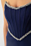 Women's Navy Blue Strapless Stone Peplum Cut Promise Engagement Wedding Evening Dress - 4