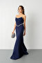 Women's Navy Blue Strapless Stone Peplum Cut Promise Engagement Wedding Evening Dress - 2