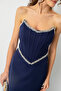 Women's Navy Blue Strapless Stone Peplum Cut Promise Engagement Wedding Evening Dress - 5