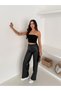 Women's Black Button Zip Detail Straight Leg Brushed Inside Back Pocket Detail Wide-Leg Leather Trousers Leggings