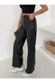 Women's Black Button Zip Detail Straight Leg Brushed Inside Back Pocket Detail Wide-Leg Leather Trousers Leggings - 2