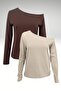 Brown-Beige 2-Pack Women's Off-Shoulder Boat Neck Relaxed Fit Long Sleeve T-Shirt