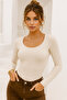 Women's Cream U-Neck Flexible Long Sleeve Cotton Blouse - 2