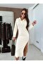 New Season Women's Long Sleeve Collared Side Slit Midi Modal Dress