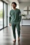 Stylish Men's Long Sleeve Pajama Set with Green Line Pattern - 5