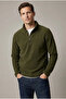 Men's Khaki Half Zipper Mock Neck Fleece Sweatshirt