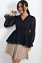 Women's Half Buttoned Front Tulle Detailed Flounce Blouse