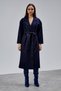 Navy Blue Double-Breasted Closure Waist-Tied Wide Fit Cashmere Coat - 5