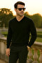 Men's Trend Casual Long V-Neck Black Sweater - 3
