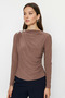 Women's Brown Boat Neck Shoulder Button Long Sleeve Sandy Fabric Blouse - 3