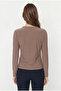 Women's Brown Boat Neck Shoulder Button Long Sleeve Sandy Fabric Blouse - 5